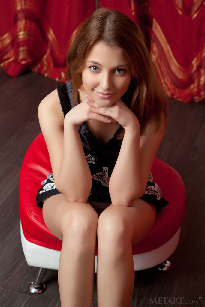 Nikia A - Red haired cute teen naked on a red heart shaped chair