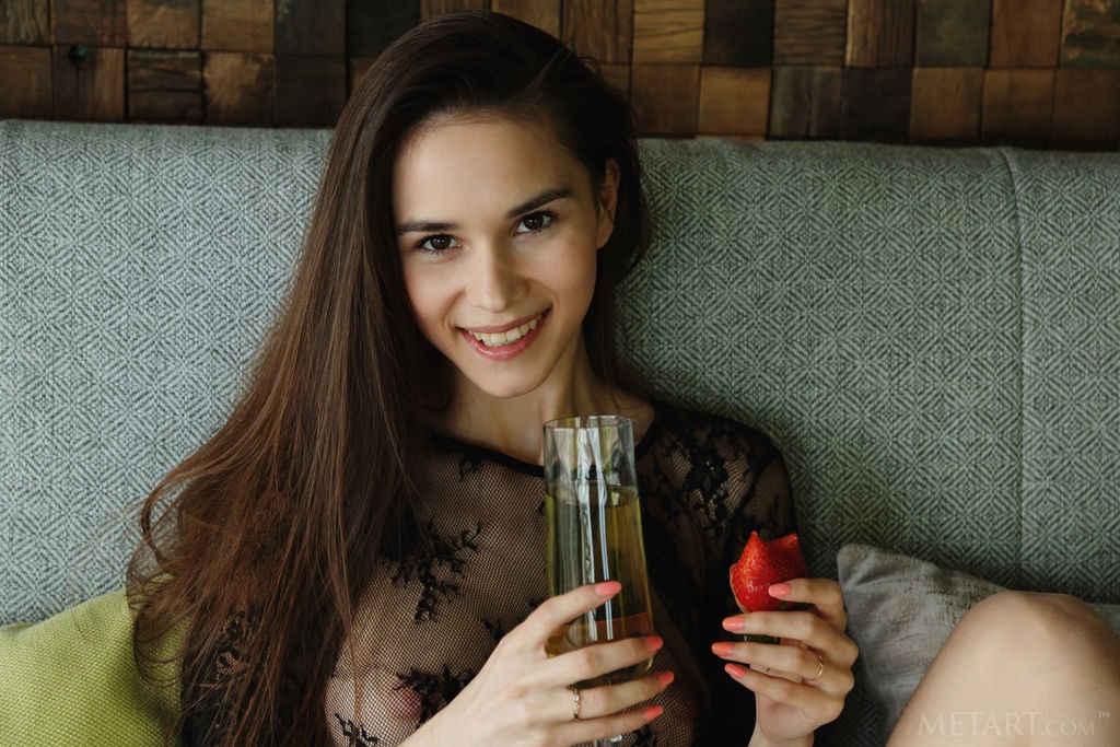 Leona Mia - Skinny girl takes off her clothes to eat strawberries